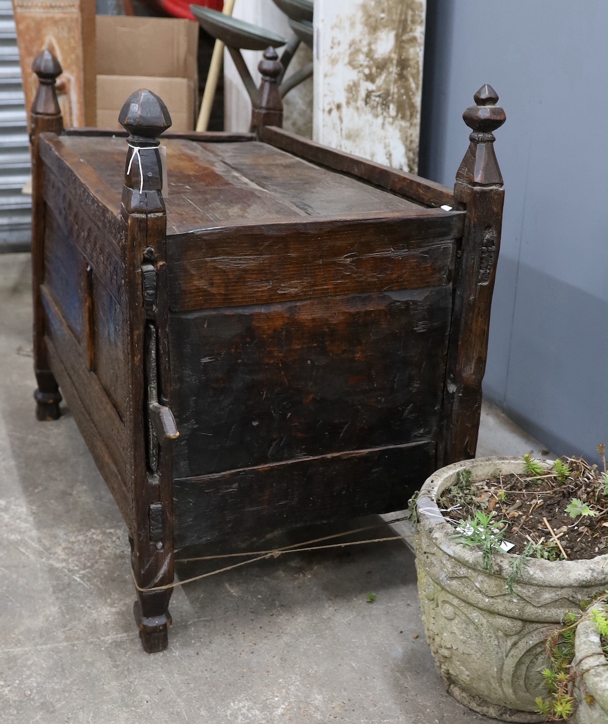 A 19th century chip carved grain chest/coffer, width 94cm, depth 52m, height 80cm (a.f.)